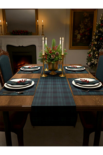 Pine 5li Ekose Desenli Runner Set, Yılbaşı Yeni yıl Davet (4 Amerikan servis ...