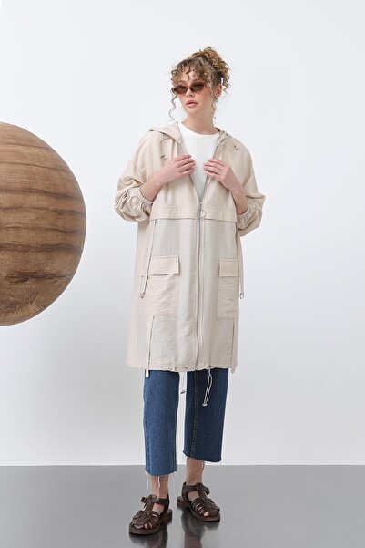 Puane Tunica cu glugă pentru femei cu fermoar si buzunar - 15203TUN - BEIGE