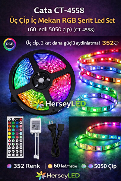Cata Ct-4558 Rgb Şerit Led Seti ( ÜRÜN 5 MT'DİR Rgb Led 352 Renk - Trafo - Rg...