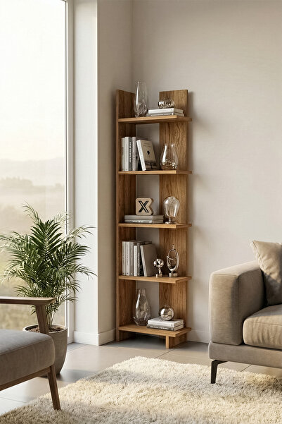 PDMPOİNT DOLAP MARKET Sıla Köşe Kitaplık 4 Raflı - Ahşap Desen