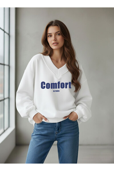 FUWEAR سويت شيرت نسائي مريح ذو رقبة على شكل حرف V باللون الأبيض مطبوع قصة فضفاضة