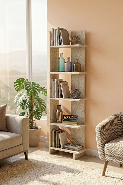 PDMPOİNT DOLAP MARKET Sıla Köşe Kitaplık 4 Raflı - Traverten