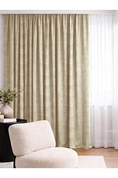 FAVOLLİ Кадифена текстурирана бежова островна завеса Екстра за плисирана сери...
