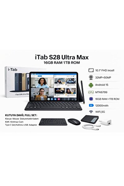 asfteknoloji İ-Tab S28 Ultra Max Sim Kartlı 10.1inch Full Set Tablet Klavye+M...