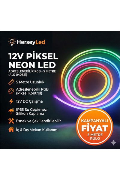 ALLES 12V PİKSEL NEON LED 6X12MM ADRESLENEBILIR RGB 5 METRE