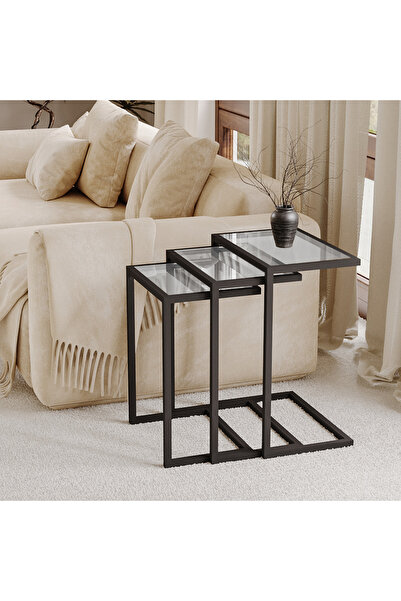 VariFurnx طقم طاولات خدمة قهوة على شكل حرف C مكون من 3 قطع، طاولة جانبية متدا...