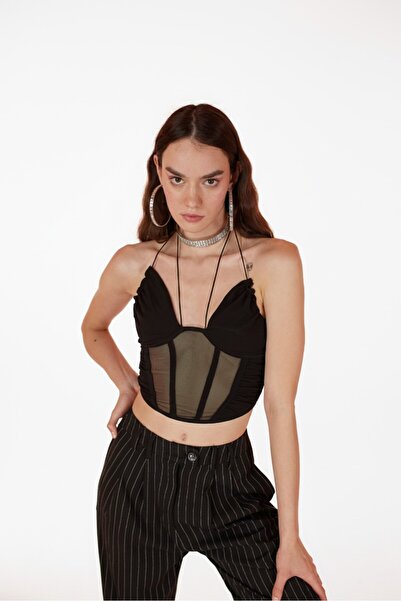 HOLLY LOLLY Черна блуза от тюл Sasha - завързана с въже