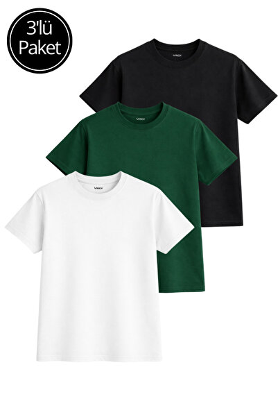 Rich Pachet de 3 tricouri de bază supradimensionate pentru femei, verde-alb-n...