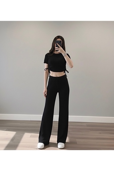 By Gecce Yandan Büzgü Detaylı İnce Kumaş Yazlık İkili Takım – Crop & Pantolon...