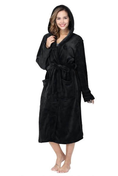casme Women's Plush Hooded Robe Open-Front Long Bathrobe Soft Fleece with Pockets for Spa Loungewe