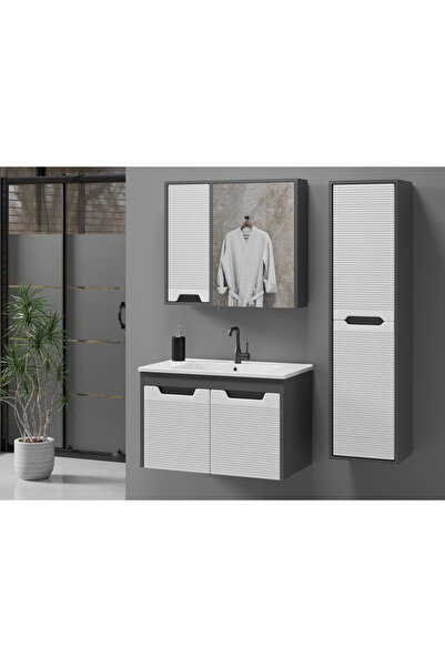 ROSEART BANYO SAFİR ANTRASİT BEYAZ 80CM BANYO DOLABI SETİ ÜST MODÜL + ALT MOD...