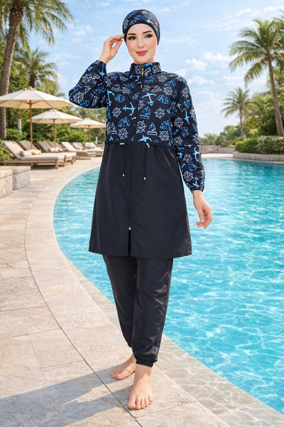 DLC Tekstil Çapa Desenli Beli ayarlanabilir tam kapalı Mayo