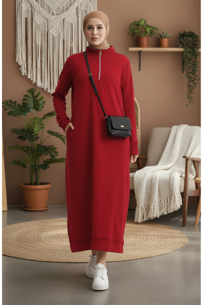 sefamerve Rochie Sport cu Gât 0282-07 Roșu Claret