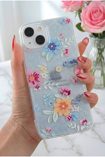Fibaks iPhone 13/14 Kılıf Mavi Simli Çiçek Desenli Renkli Parlak Darbe Emici ...
