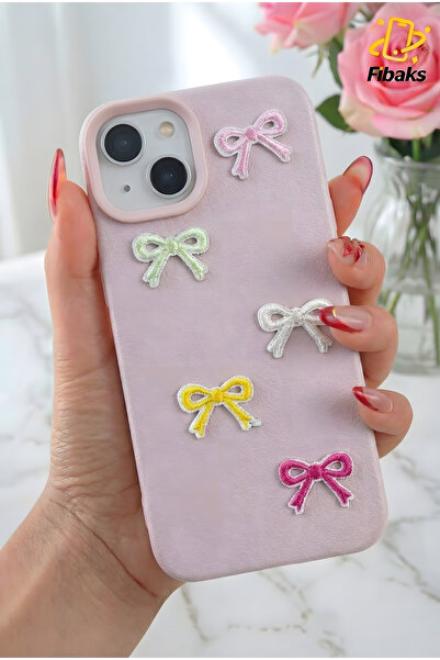 Fibaks iPhone 13/14 Kılıf Kamera Çıkıntılı Deri Dokulu Fiyonk Desenli Pembe Y...