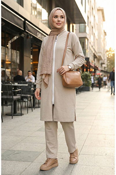 sefamerve Σετ αθλητικής φόρμας μπεζ χρώματος με φερμουάρ - 3044-07