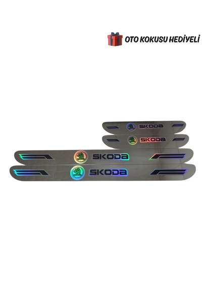 Autowise Skoda Hologram Logolu Araca Özel Marka Logolu Aynalı Kapı Eşiği Koru...