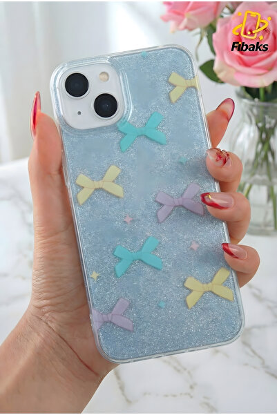 Fibaks Apple iPhone 13/14 Uyumlu Kılıf Mavi Simli Renkli Fiyonk Desenli Parla...