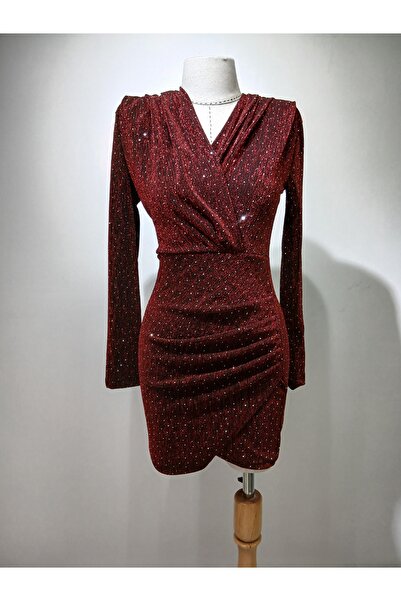 MİNNOŞŞ Kırmızı Simli Taş Baskılı Kısa Elbise