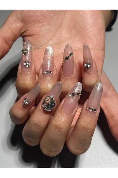 wow kutu S62 M Beden Nude Simli Ombre Taşlı Protez Jel Takma Tırnak Ve Aksesu...