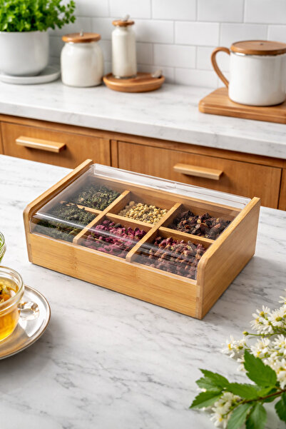 MAKRİ HOME Bamboo 6 Compartment Organizer Box, Clear Lid
