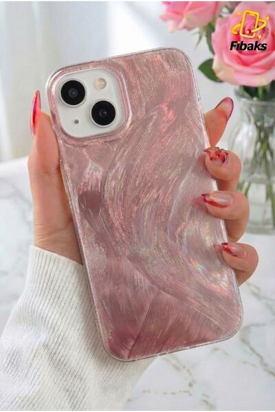Fibaks iPhone 13/14/15 Kılıf Tüy Ebru Desenli Darbe Emici Rose Renkli Silikon Koruyucu Kapak