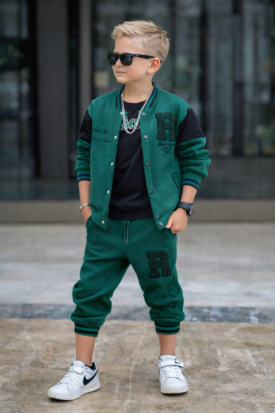 RAPAPA Set de trening din 3 piese în stil colegiu verde pentru băieți – Combi...