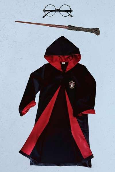 ReilaParty Harry Potter Gryffindor Kostüm Seti - Kapüşonlu Cübbe, Asa ve Gözl...