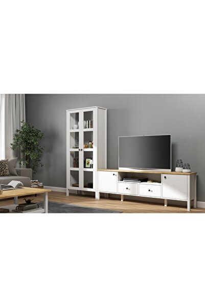 Sakura Ahşap Hunerika HELEN SET 9 tv ünitesi-kitaplık takımı -Wood Beyaz-Mini...