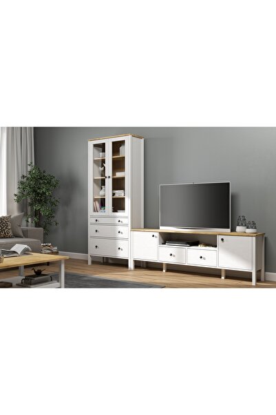 Sakura Ahşap Hunerika HELEN SET 8 tv ünitesi-kitaplık takımı -Wood Beyaz-Mini...