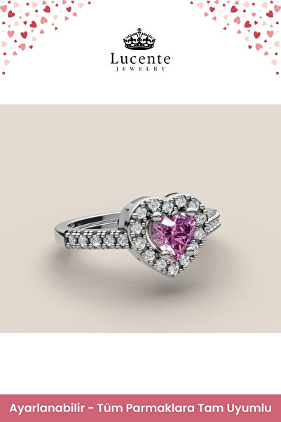 Lucente Jewellery Işıklı Hediye Kutulu Ciddi İlişki Yüzüğü 925 Ayar Luxury Serisi Pırlanta Montürlü Pembe Kalp Kesim Tektaş Gümüş Sonsuz Aşk Simgesi Tek Taş Kalpli Sevgiliye Hediye Küpe Hediyeli Ayarlanabilir Yüzük