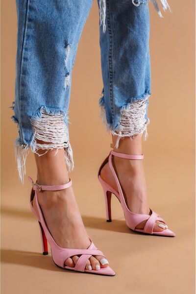 Ayakkabı Ateşi حذاء نسائي وردي بكعب رفيع من جلد الغزال مخملي