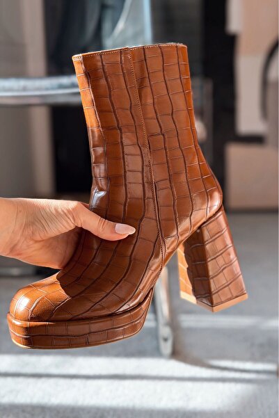 I Love Shoes Rivoks Mat Deri Desenli Platform Topuklu Bot Taba