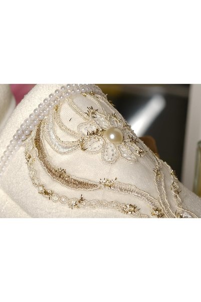 Finezza Papuci de casă din bumbac Queen, cu aplicații de perle, crem, mărimea 38-40 - 1227