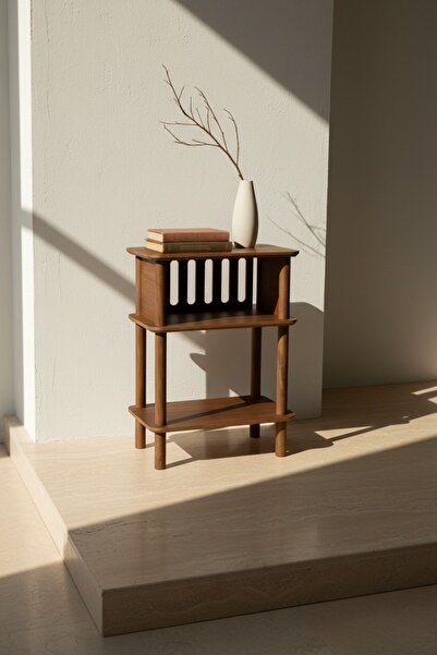 CMDWOOD Linde Ceviz Komodin Minimalist MDF lam ve Ahşap ayaklı Tasarım ; Yata...