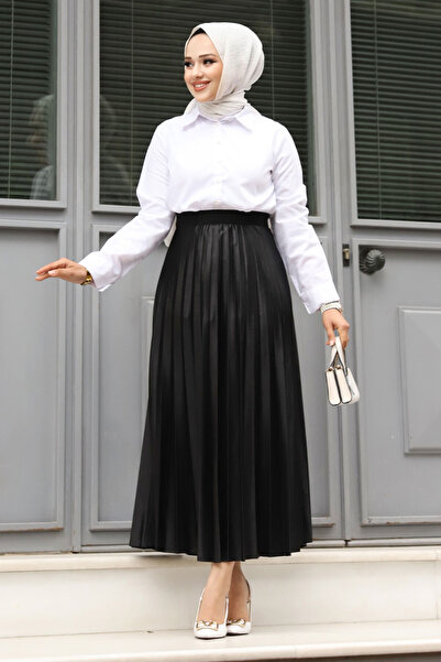 Tesettür Dünyası Черна кожена пола с еластична талия - TSD240503