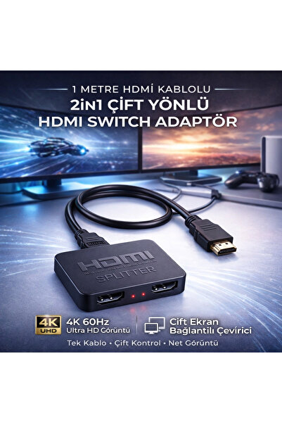 Polham 1mt Hdmi Kablolu 2in1 Çift Yönlü Hdmı Switch Adaptör, 4k 60hz, Çift Ek...