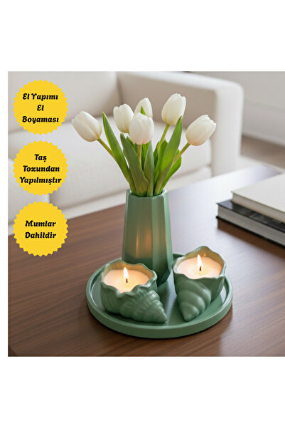 Nigistore 4 Parça Yeşil Set - Istiridye Mumlu, Vazolu, Yuvarlak Tepsili (ÇİÇE...