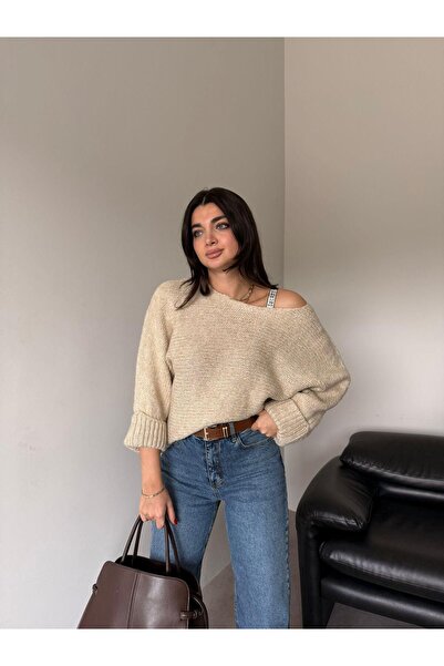 Bade Butik Beige Sleeve Folded Knit Sweater