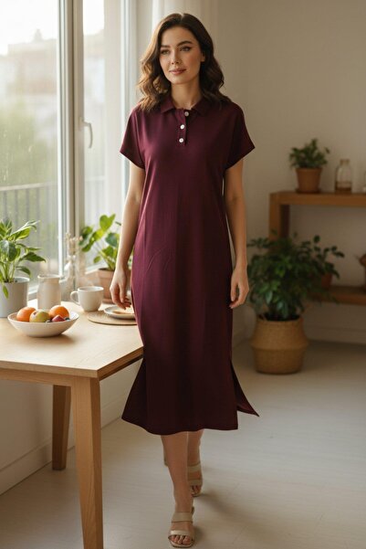 Mossta Polo Neck Button Detailed Side Slit Long Dress - Claret Red