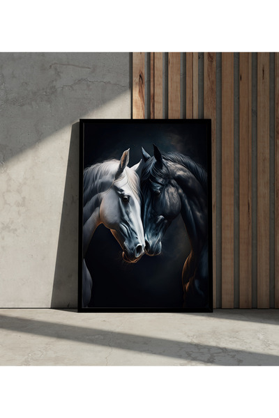 Rosaart Tablo | Ahşap Çerçeveli Tablo - Siyah ve Beyaz At, Çift At-Çerçeveli ...