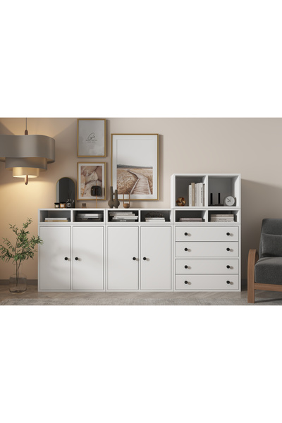 Nettrends Minimalist Tasarım Modüler Kitaplık Geniş 4 Kapak ve 8 Çekmeceli Ço...