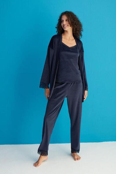 Pemilo Ženska 13402-1 Čipka komadna kućna haljina Somot pidžama set