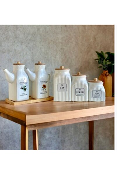 Pembelia Life 6 Parça Bambu Standlı Kare Porselen 1000ml Yağdanlık Ve 3’lu Ça...