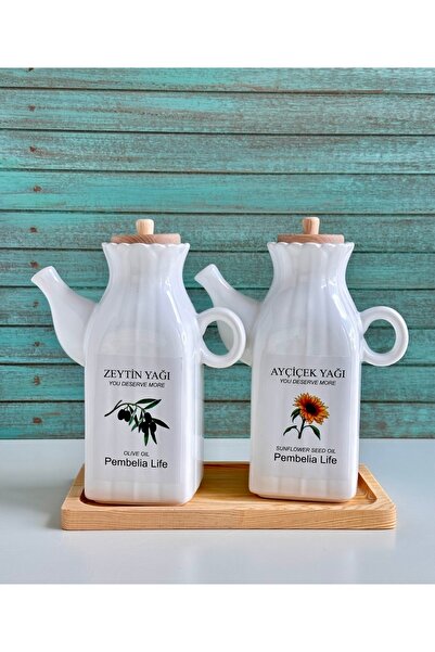 Pembelia Life Bambu Standlı Etiketli Kare 2’li Porselen 1000 ml Yağdanlık Set...