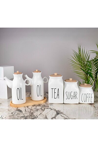Kitchen Pembelia 6 Parça Bambu Standlı Porselen 1000ml Yağdanlık Ve 3’lü Tea ...
