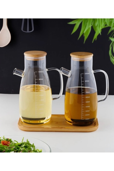 Kitchen Pembelia Bambu Standlı 2’li 1000ml Borosilikat Cam Bambu Kapaklı Yağd...