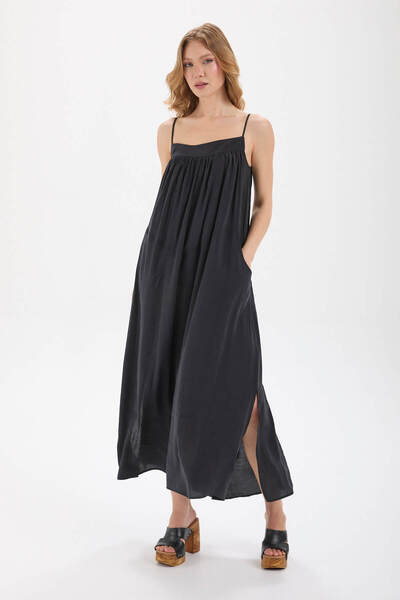 IMBUE İnce Askılı Büzgülü Cepli Modal Dokulu Siyah Salaş Maxi Elbise