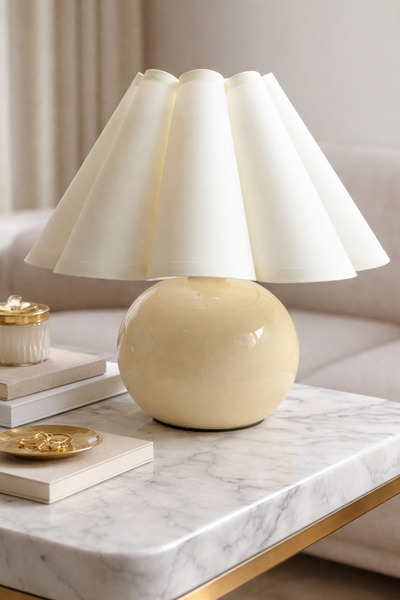 burenze Modern Madame Fico Abajur Ekru Kumaş Krem Gövde Masa Lambası