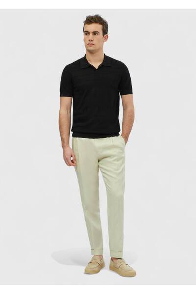 Ramsey Чорний поло з жакардовим коміром, трикотаж з додаванням льону